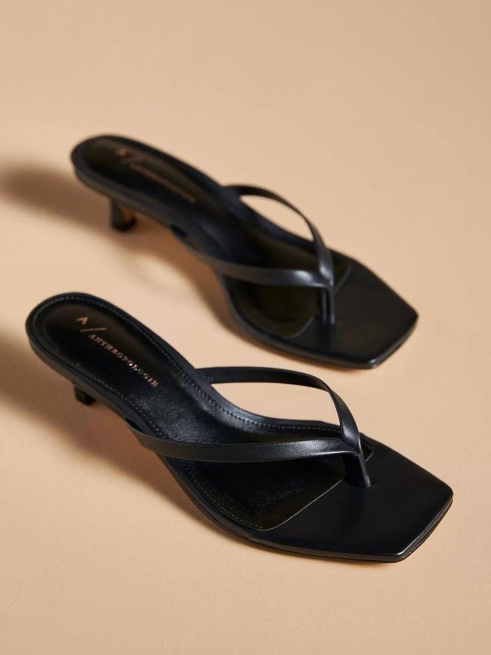 Anthropologie Black Square-Toe Kitten Heel Thong Sandals
